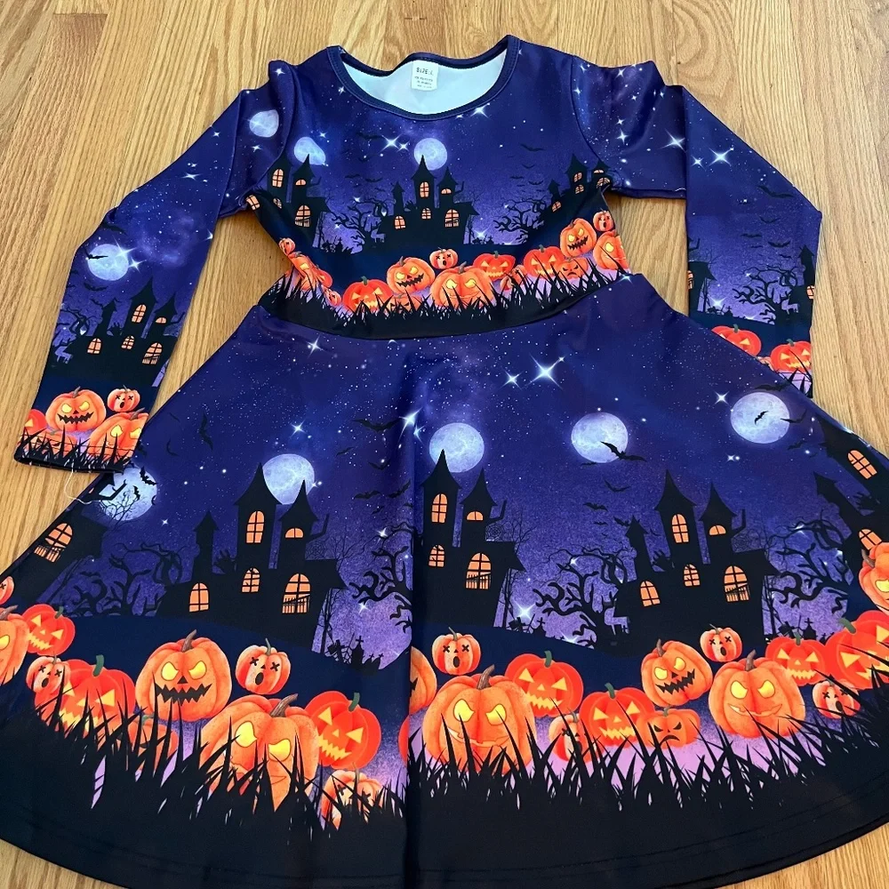 purple halloween pumpkin and haunted house dress